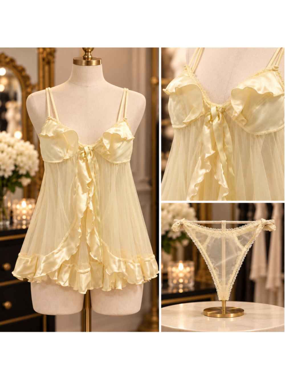 Women's Unbranded Ruffled Chemise & Thong Set, Medium, Pale Yellow